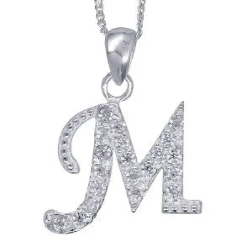 Sterling Silver 13x10mm Cubic Zirconia Set Script Initial "M" Pendant with 45cm Chain