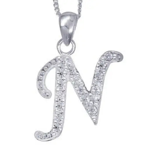 Sterling Silver 13x10mm Cubic Zirconia Set Script Initial "N" Pendant with 45cm Chain