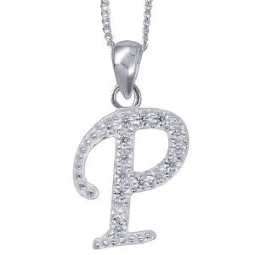 Sterling Silver 13x10mm Cubic Zirconia Set Script Initial "P" Pendant with 45cm Chain