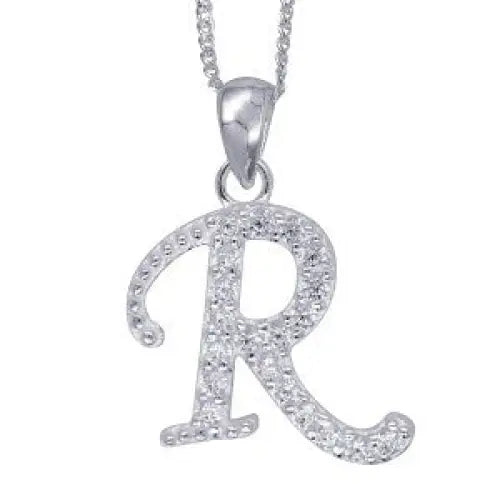 Sterling Silver 13x10mm Cubic Zirconia Set Script Initial "R" Pendant with 45cm Chain