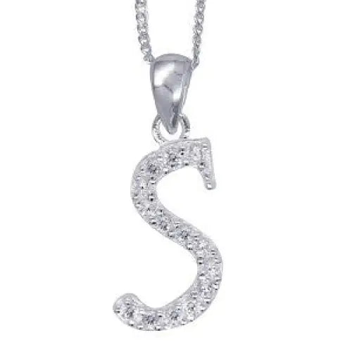 Sterling Silver 13x10mm Cubic Zirconia Set Script Initial "S" Pendant with 45cm Chain
