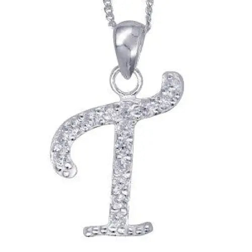 Sterling Silver 13x10mm Cubic Zirconia Set Script Initial "T" Pendant with 45cm Chain