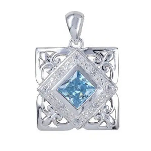 Sterling Silver 15mm Blue Cubic Zirconia Square Pendant