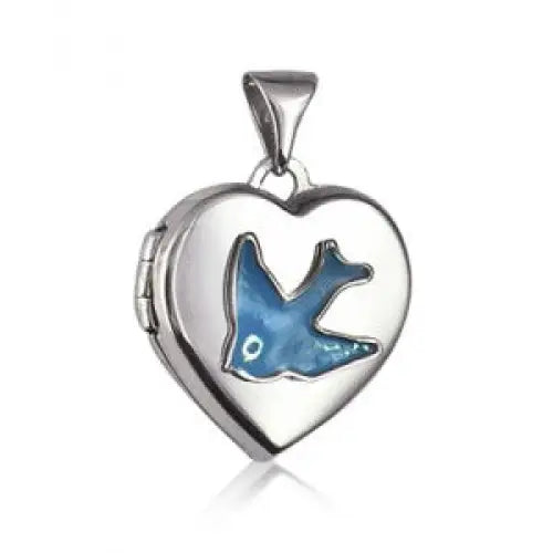 Sterling Silver 15mm Heart Locket with Enamel Blue Bird