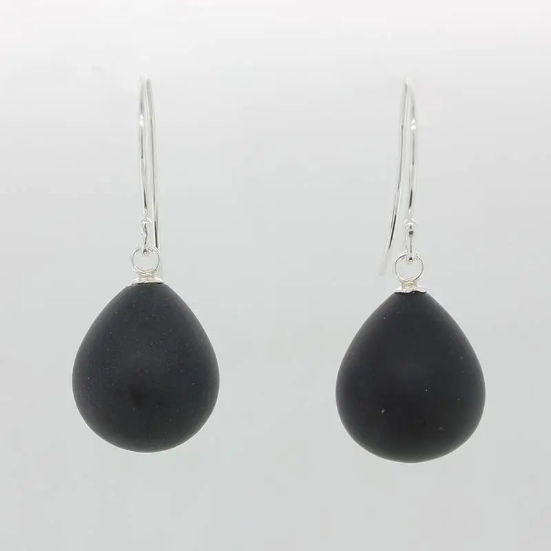 Sterling Silver 15mm x 13mm Onyx Matt Drop Shepherd Hook Earrings