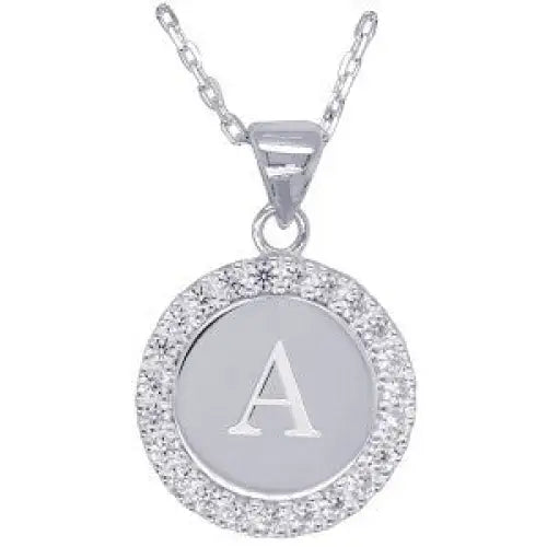Sterling Silver 16mmm Cubic Zirconia Set Round Disc Initial "A" Pendant with 45cm Chain