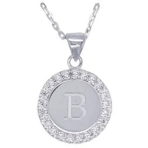 Sterling Silver 16mmm Cubic Zirconia Set Round Disc Initial "B" Pendant with 45cm Chain