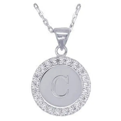 Sterling Silver 16mmm Cubic Zirconia Set Round Disc Initial "C" Pendant with 45cm Chain