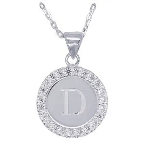Sterling Silver 16mmm Cubic Zirconia Set Round Disc Initial "D" Pendant with 45cm Chain