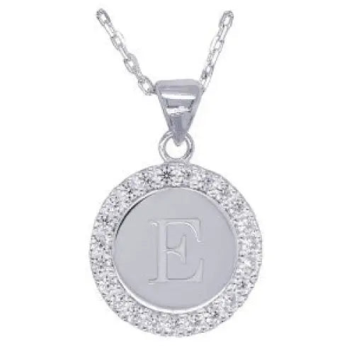 Sterling Silver 16mmm Cubic Zirconia Set Round Disc Initial "E" Pendant with 45cm Chain