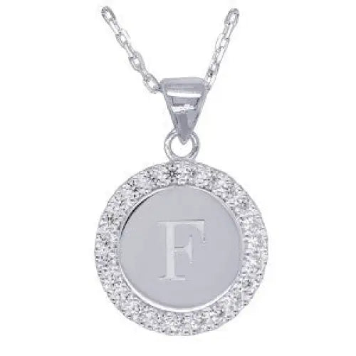 Sterling Silver 16mmm Cubic Zirconia Set Round Disc Initial "F" Pendant with 45cm Chain