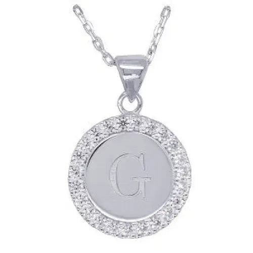 Sterling Silver 16mmm Cubic Zirconia Set Round Disc Initial "G" Pendant with 45cm Chain