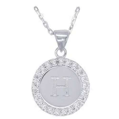 Sterling Silver 16mmm Cubic Zirconia Set Round Disc Initial "H" Pendant with 45cm Chain
