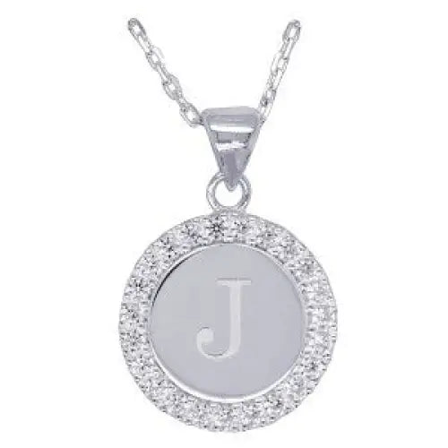 Sterling Silver 16mmm Cubic Zirconia Set Round Disc Initial "J" Pendant with 45cm Chain