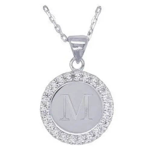 Sterling Silver 16mmm Cubic Zirconia Set Round Disc Initial "M" Pendant with 45cm Chain