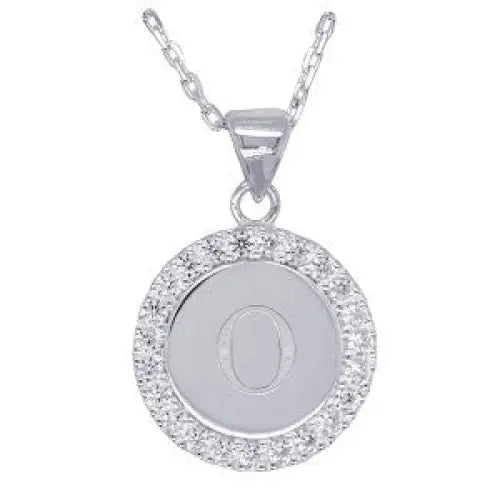 Sterling Silver 16mmm Cubic Zirconia Set Round Disc Initial "O" Pendant with 45cm Chain