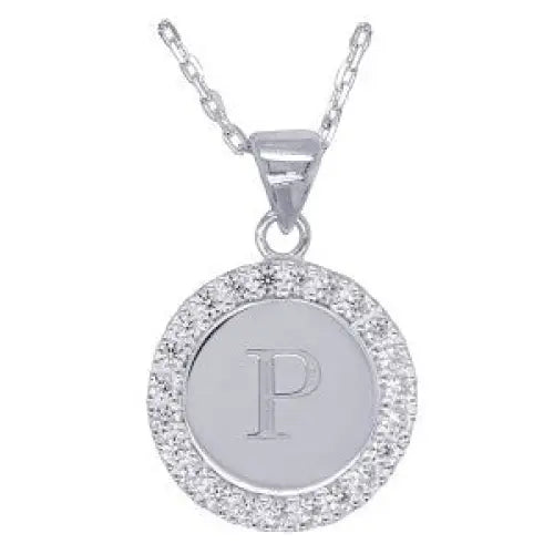 Sterling Silver 16mmm Cubic Zirconia Set Round Disc Initial "P" Pendant with 45cm Chain