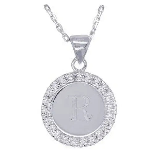 Sterling Silver 16mmm Cubic Zirconia Set Round Disc Initial "R" Pendant with 45cm Chain
