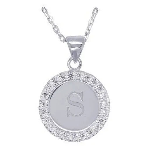 Sterling Silver 16mmm Cubic Zirconia Set Round Disc Initial "S" Pendant with 45cm Chain