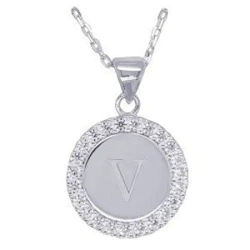 Sterling Silver 16mmm Cubic Zirconia Set Round Disc Initial "V" Pendant with 45cm Chain