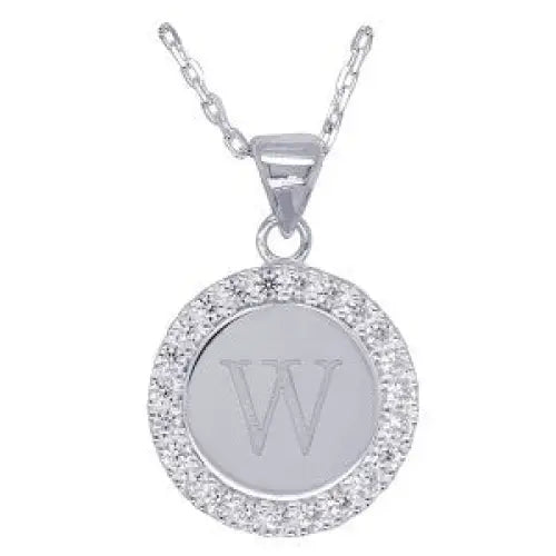 Sterling Silver 16mmm Cubic Zirconia Set Round Disc Initial "W" Pendant with 45cm Chain