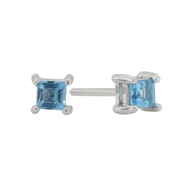 Sterling Silver 3mm Square Blue Topaz Claw Set Stud Earrings