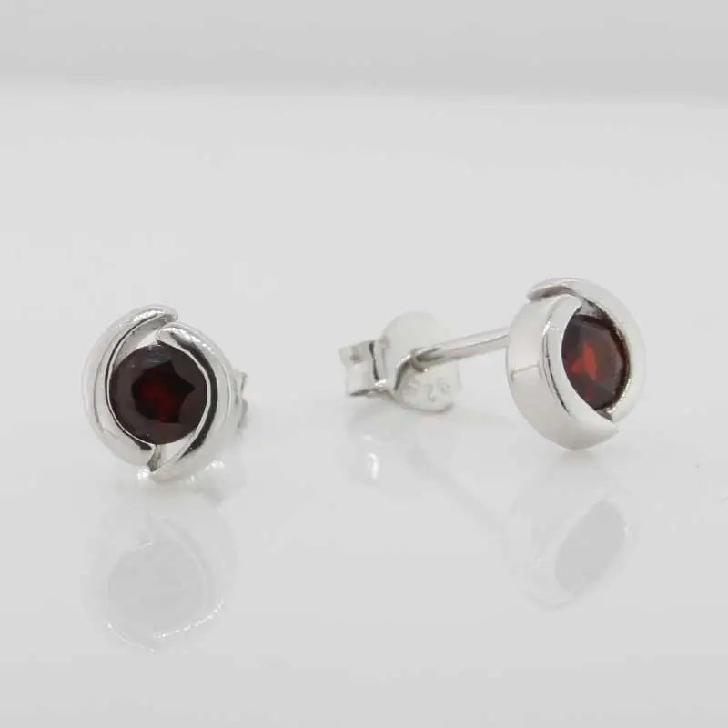 Sterling Silver 4mm Garnet Round Semi Bezel Set Stud Earrings