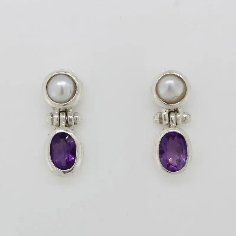 Sterling Silver & 4mm Pearl &  6 x 4 mm Amethyst Studs 