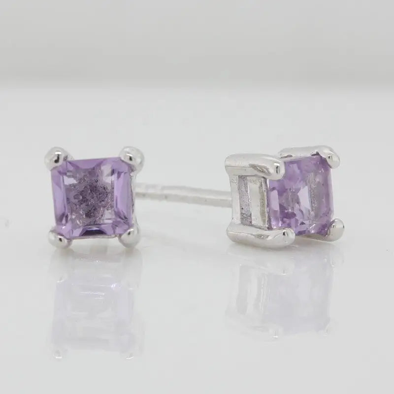 Sterling Silver 4mm Square Amethyst Claw Set Stud Earrings