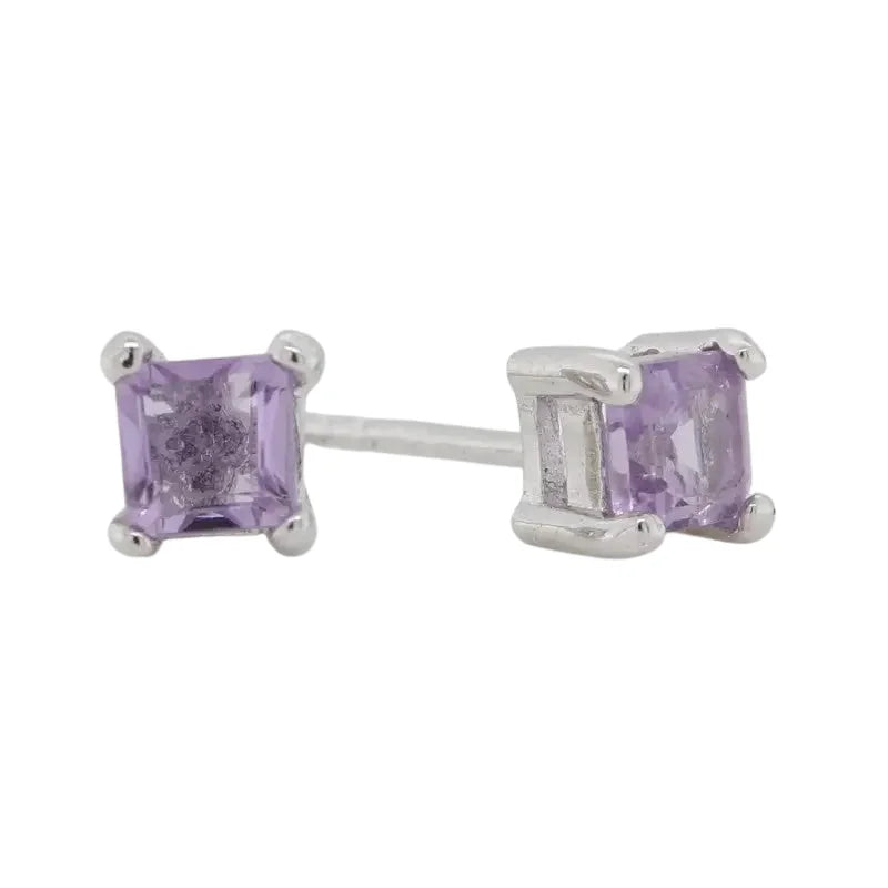 Sterling Silver 4mm Square Amethyst Claw Set Stud Earrings