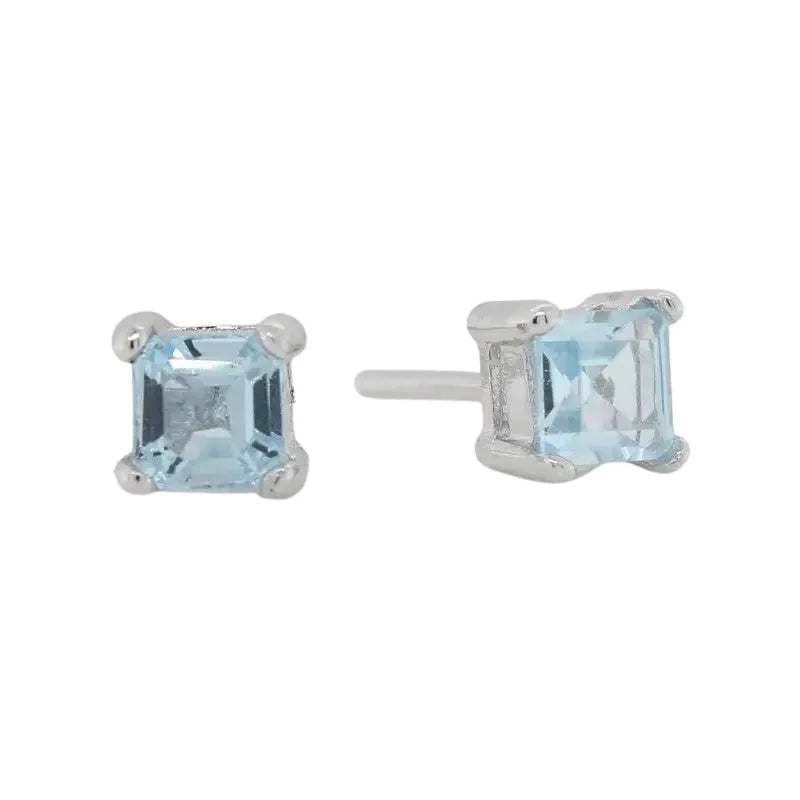 Sterling Silver 4mm Square Blue Topaz Claw Set Stud Earrings