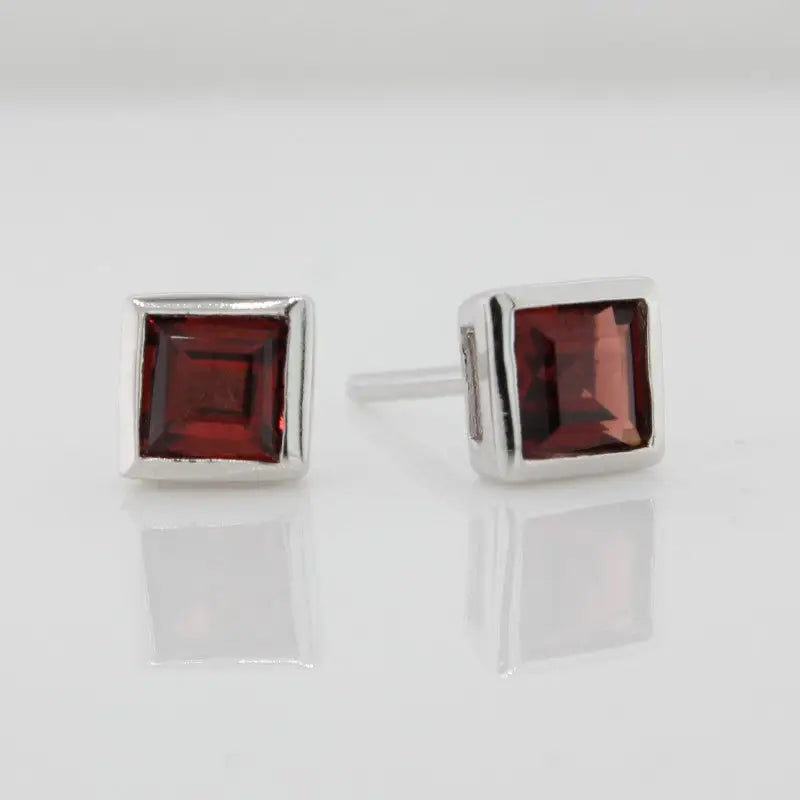 Sterling Silver 5mm Garnet Square Bezel Set Stud Earrings