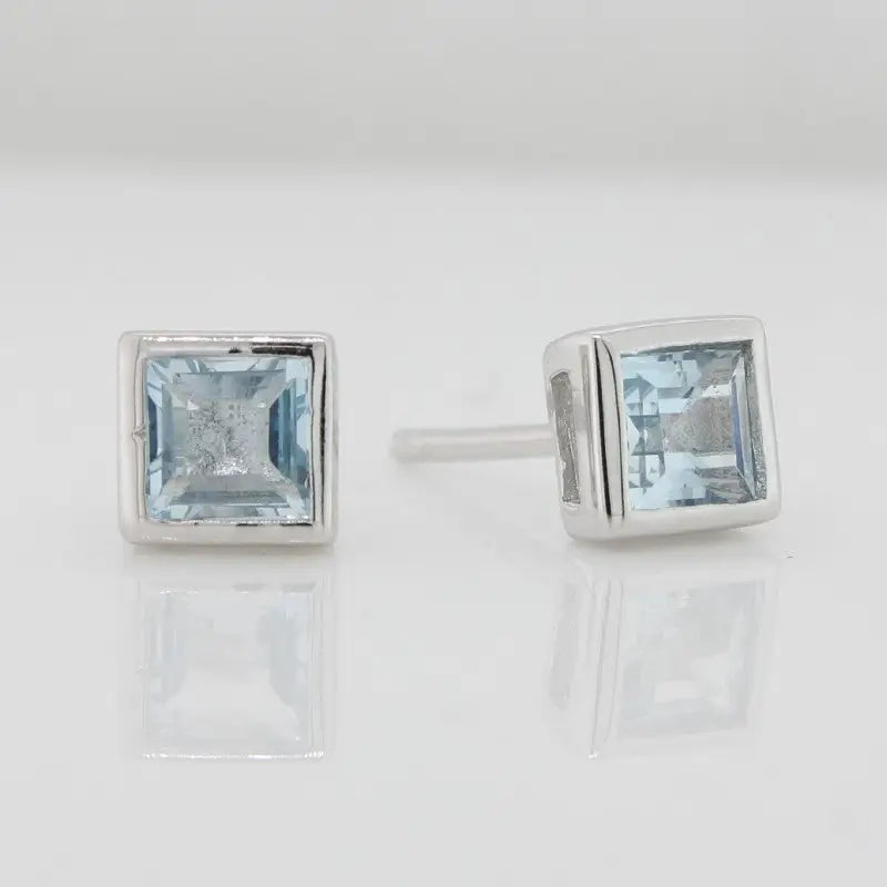 Sterling Silver 5mm Square Blue Topaz Bezel Set Stud Earrings