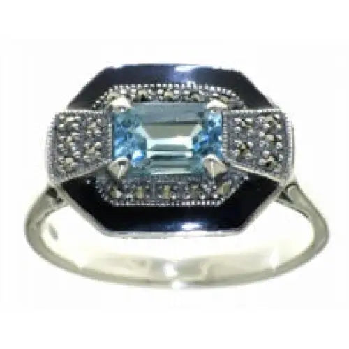 Sterling Silver 6 x 4mm Emerald Shape Blue Topaz & Marcasite Ring