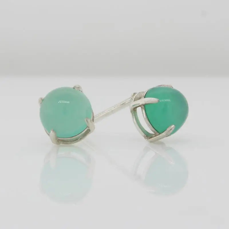 Sterling Silver 6mm Round Cabochon Chrysoprase 4 Claw Stud Earrings