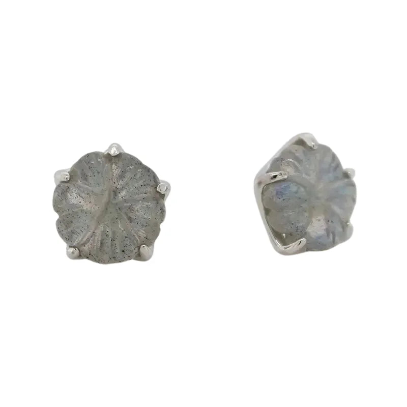 Sterling Silver 8mm Carved Labradorite Flower Stud Earrings