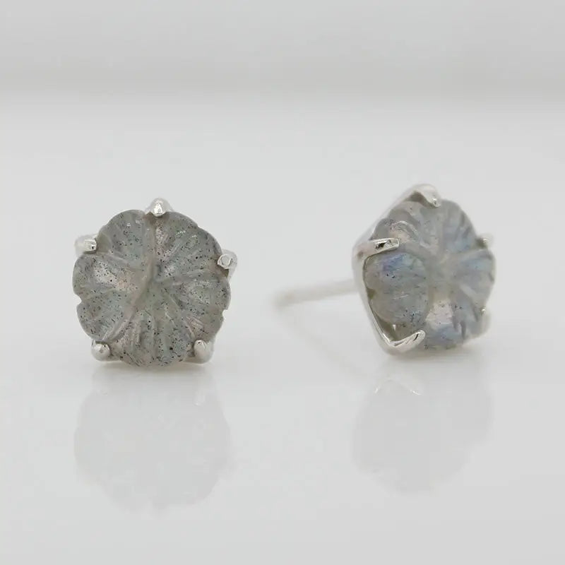 Sterling Silver 8mm Carved Labradorite Flower Stud Earrings