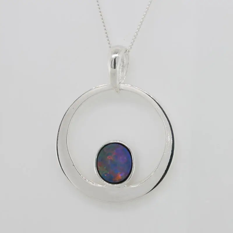 Sterling Silver 8mm Free Form Oval Shape Boulder Doublet Opal in Open Round Surround Pendant