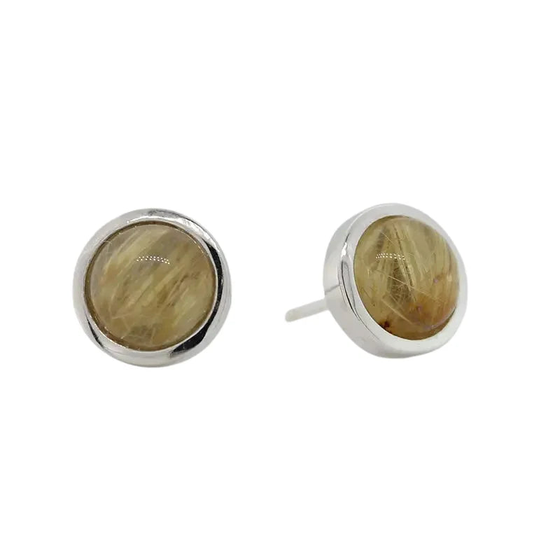 Sterling Silver 8mm Gold Rutilated Quartz Round Stud