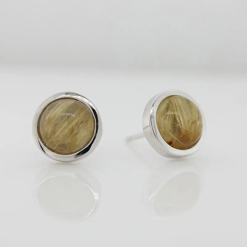 Sterling Silver 8mm Gold Rutilated Quartz Round Stud Earrings