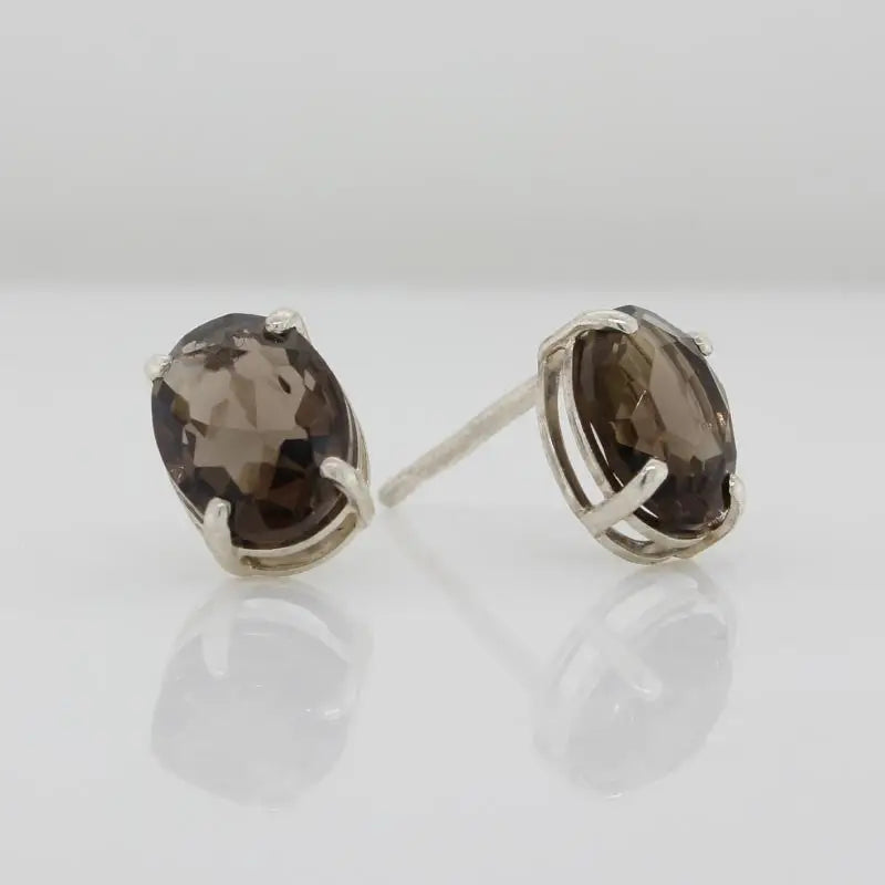 Sterling Silver 8mm x 6mm Oval Smoky Quartz 4 Claw Stud Earrings