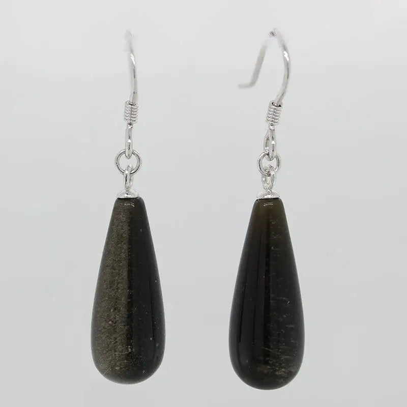 Sterling Silver 8x20mm Gold Obsidian Drop Earrings