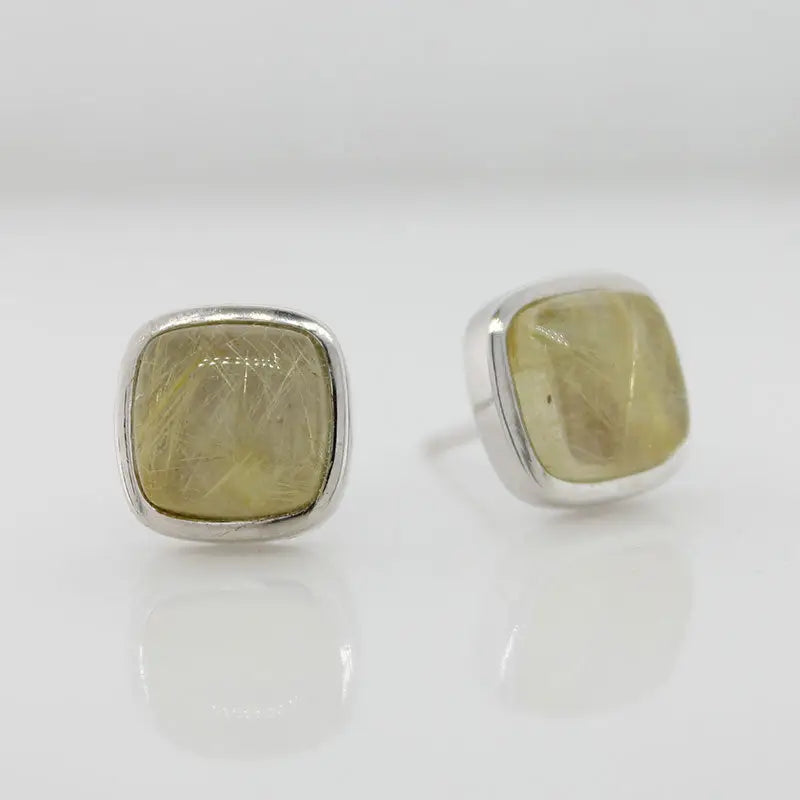 Sterling Silver 8x8mm Gold Rutilated Quartz Square Cushion Stud Earrings