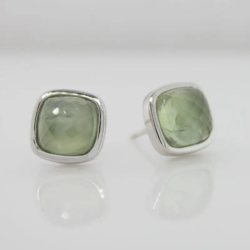 Sterling Silver 8x8mm Prehnite Square Cushion Stud Earrings