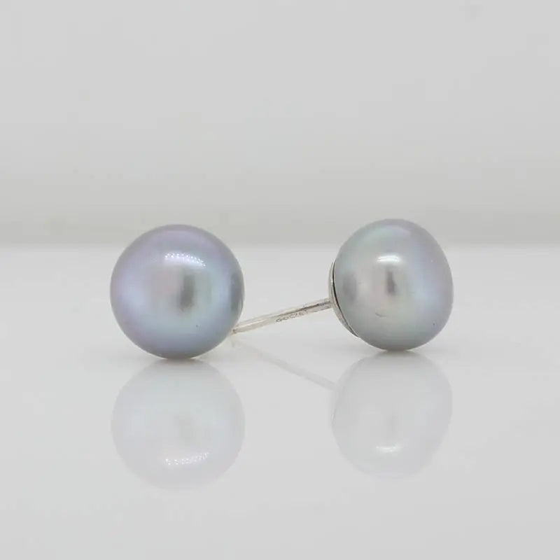Sterling Silver 9mm Grey Button Cultured Fresh Water Pearl Stud Earrings