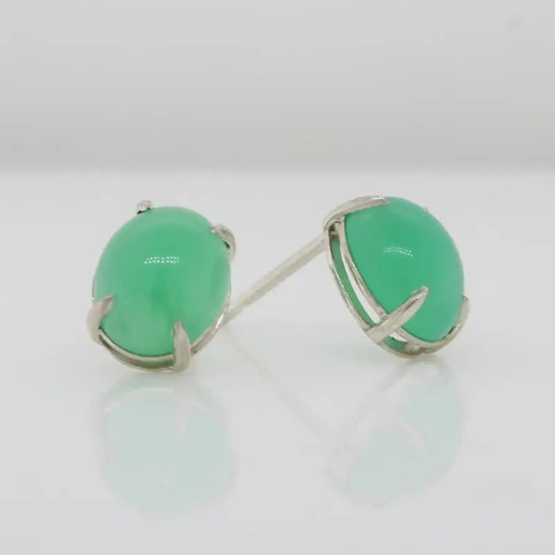 Sterling Silver 9mm x 7mm Oval Cabochon Chrysoprase 4 Claw Stud Earrings