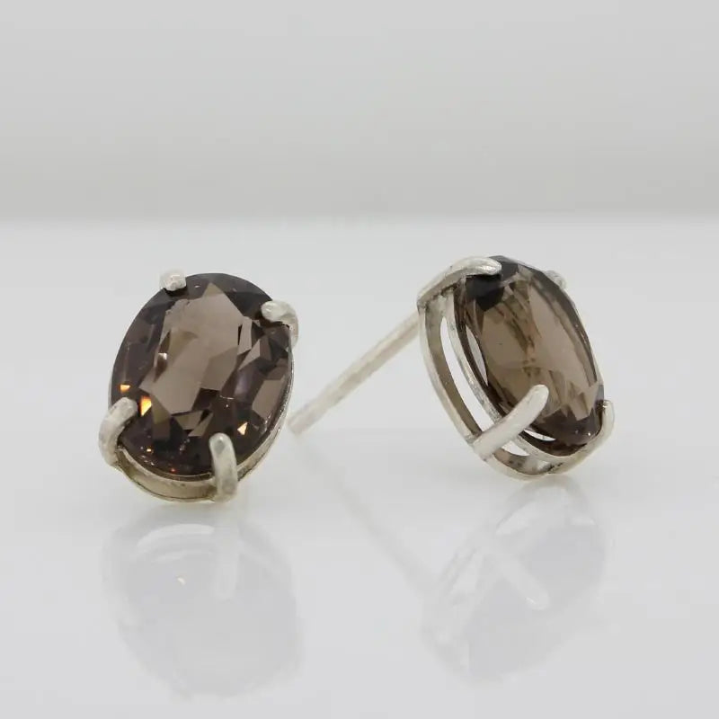 Sterling Silver 9mm x 7mm Oval Smoky Quartz 4 Claw Stud Earrings