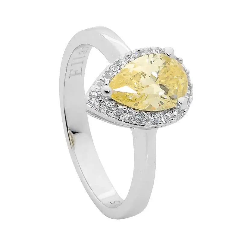 Sterling Silver 9mm x 7mm Yellow Cubic Zirconia Pear with Cubic Zirconia Halo Ring Size P1/2