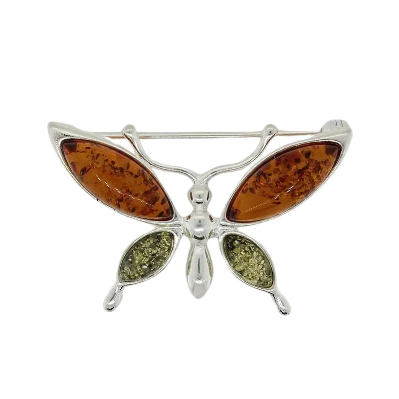 Sterling Silver Amber Butterfly Brooch - Two Tone - Orange