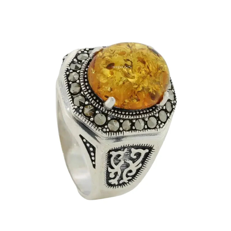Sterling Silver Amber & Marcasite Ring SEASPRAY VALUATIONS &